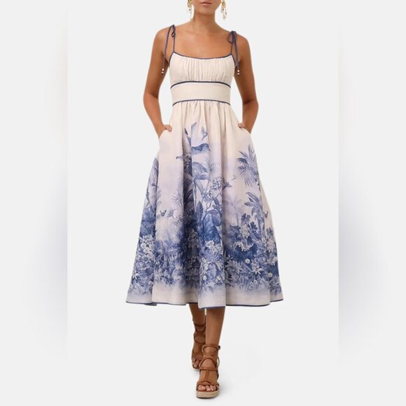 Zimmermann Wylie shirred printed linen midi dress - Picture 1 of 11